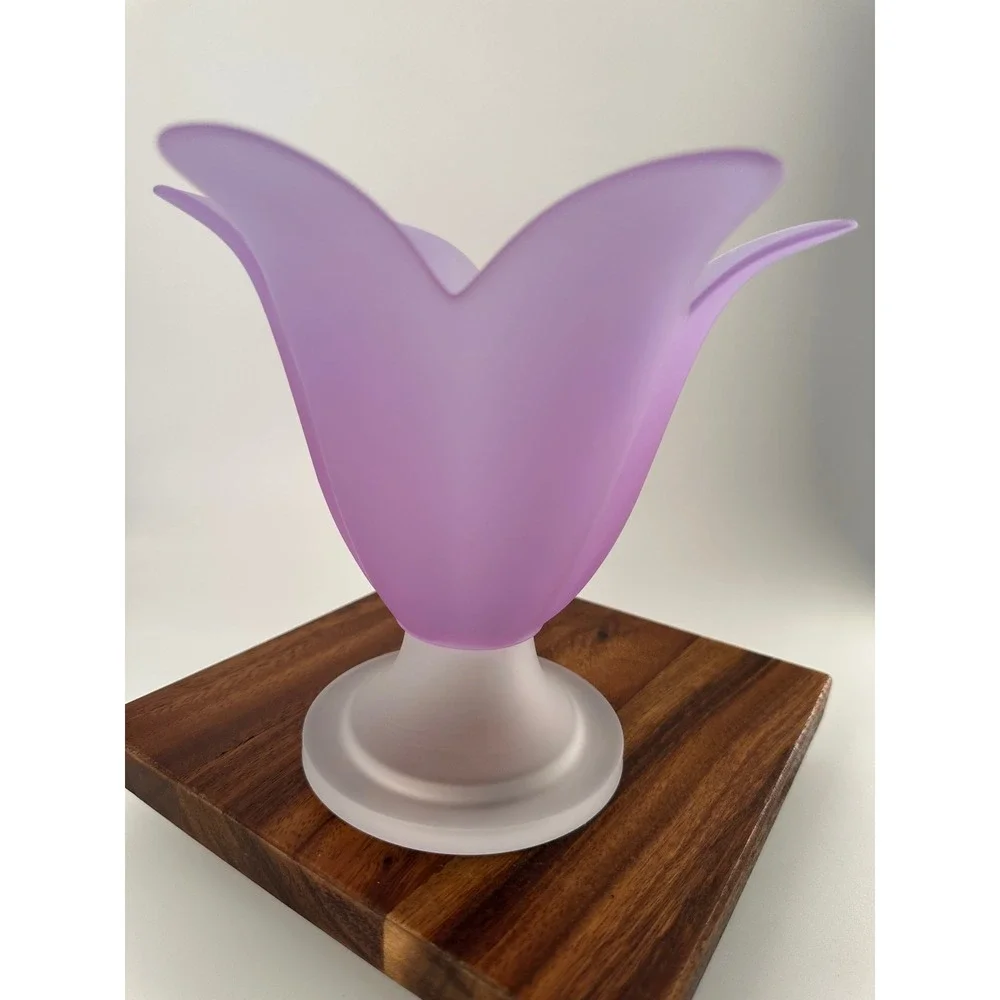 Frosted Purple Glass Tulip Vase Lavender Scalloped Petal Flower Pedestal 6.75